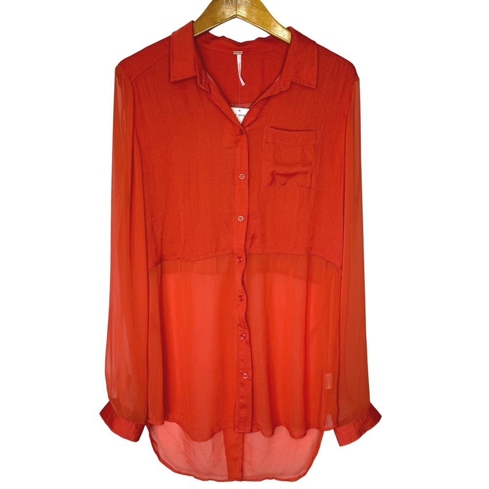 Free People 1/2 Sheer Button Front Tunic Large Orange NEW